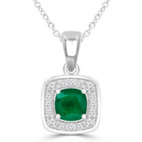 3/4 CTW Cushion Green Emerald & Round Diamond Claw Prong Cushion Halo Pendant Necklace in 14K White Gold (MDR220155)
