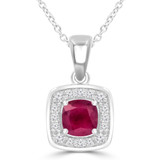 1 CTW Cushion Red Ruby & Round Diamond Claw Prong Cushion Halo Pendant Necklace in 14K White Gold (MDR220156)