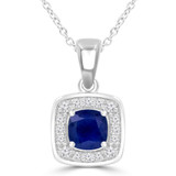 1 1/7 CTW Cushion Blue Sapphire & Round Diamond Claw Prong Cushion Halo Pendant Necklace in 14K White Gold (MDR220157)