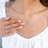 9/10 CTW Cushion Blue Topaz & Round Diamond Claw Prong Cushion Halo Pendant Necklace in 14K White Gold (MDR220158)