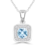 9/10 CTW Cushion Blue Topaz & Round Diamond Claw Prong Cushion Halo Pendant Necklace in 14K White Gold (MDR220158)