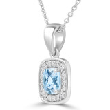 9/10 CTW Cushion Blue Topaz & Round Diamond Claw Prong Cushion Halo Pendant Necklace in 14K White Gold (MDR220158)