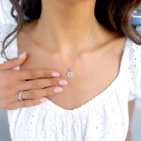 9/10 CTW Cushion Blue Topaz & Round Diamond Claw Prong Cushion Halo Pendant Necklace in 14K White Gold (MDR220158)