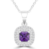 2/5 CTW Princess Purple Amethyst & Round Diamond Double Cushion Halo Pendant Necklace in 14K White Gold (MDR220159)