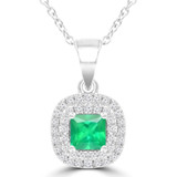 2/5 CTW Princess Green Emerald & Round Diamond Double Cushion Halo Pendant Necklace in 14K White Gold (MDR220160)