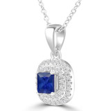 3/5 CTW Princess Blue Sapphire & Round Diamond Double Cushion Halo Pendant Necklace in 14K White Gold (MDR220162)