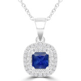 3/5 CTW Princess Blue Sapphire & Round Diamond Double Cushion Halo Pendant Necklace in 14K White Gold (MDR220162)