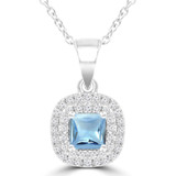 3/5 CTW Princess Blue Topaz & Round Diamond Double Cushion Halo Pendant Necklace in 14K White Gold (MDR220163)