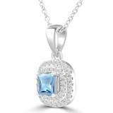 3/5 CTW Princess Blue Topaz & Round Diamond Double Cushion Halo Pendant Necklace in 14K White Gold (MDR220163)