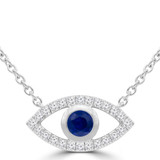 3/8 CTW Round Blue Sapphire & Round Diamond Evil Eye Marquise Halo Necklace in 14K White Gold (MDR220167)