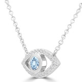 3/8 CTW Round Blue Topaz & Round Diamond Evil Eye Marquise Halo Necklace in 14K White Gold (MDR220168)