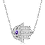 1/4 CTW Round Purple Amethyst & Round Diamond Hamsa Necklace in 14K White Gold (MDR220169)