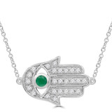 1/4 CTW Round Green Emerald & Round Diamond Hamsa Necklace in 14K White Gold (MDR220170)