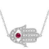 1/4 CTW Round Red Ruby & Round Diamond Hamsa Necklace in 14K White Gold (MDR220171)