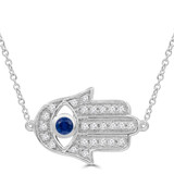1/4 CTW Round Blue Sapphire & Round Diamond Hamsa Necklace in 14K White Gold (MDR220172)