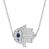 1/4 CTW Round Blue Sapphire & Round Diamond Hamsa Necklace in 14K White Gold (MDR220172)