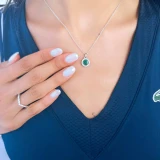 1 1/20 CTW Round Green Emerald & Round Diamond Halo Pendant Necklace in 14K White Gold (MDR220185)