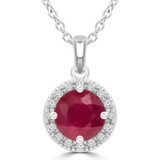 1 2/5 CTW Round Red Ruby & Round Diamond Halo Pendant Necklace in 14K White Gold (MDR220189)