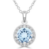 1 1/10 CTW Round Blue Topaz & Round Diamond Halo Pendant Necklace in 14K White Gold (MDR220191)