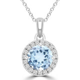 1 1/3 CTW Round Blue Topaz & Round Diamond Halo Pendant Necklace in 14K White Gold (MDR220196)