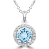 1 1/8 CTW Round Blue Topaz & Round Diamond Halo Pendant Necklace in 14K White Gold (MDR220197)