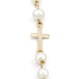 Round White Pearl Baby Baptism Cross and Saint Benedict Medal Chain Bracelet in 14K Yellow Gold (MDR220243)