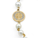Round White Pearl Baby Baptism Cross and Saint Benedict Medal Chain Bracelet in 14K Yellow Gold (MDR220243)