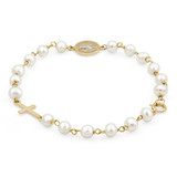 Round White Pearl Baby Baptism Cross and Saint Benedict Medal Chain Bracelet in 14K Yellow Gold (MDR220243)