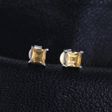 3/5 CTW Princess Yellow Citrine 4-Prong Stud Earrings in 0.925 White Sterling Silver (MDS170251)