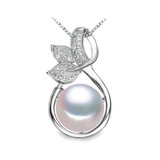 Round White Freshwater Pearl Leaf Nature Pendant Necklace in 0.925 White Sterling Silver With Chain (MDS210006)