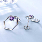 Round Purple Nano Amethyst Hexagon Stud Earrings in 0.925 White Sterling Silver (MDS210182)