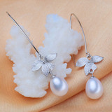Oval White Freshwater Pearl Floral Leaf Drop/Dangle Earrings in 0.925 White Sterling Silver (MDS230232)