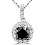 1 CTW Round Black Diamond Halo Pendant Necklace in 10K White Gold (MDR160006)