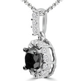 1 CTW Round Black Diamond Halo Pendant Necklace in 10K White Gold (MDR160006)