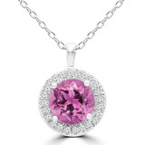 7/8 CTW Round Pink Tourmaline & Round Diamond Halo Pendant Necklace in 14K White Gold (MDR170161)