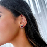 5 3/8 CTW Cushion Red Ruby & Round Diamond Cushion Halo Claw Prong Stud Earrings in 14K White Gold (MDR220111)