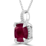 5 4/5 CTW Cushion Red Ruby & Round Diamond Claw Prong Cushion Halo Pendant Necklace in 14K White Gold (MDR220151)