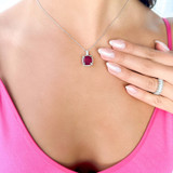 5 4/5 CTW Cushion Red Ruby & Round Diamond Claw Prong Cushion Halo Pendant Necklace in 14K White Gold (MDR220151)