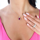 5 4/5 CTW Cushion Red Ruby & Round Diamond Claw Prong Cushion Halo Pendant Necklace in 14K White Gold (MDR220151)