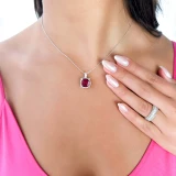 5 4/5 CTW Cushion Red Ruby & Round Diamond Claw Prong Cushion Halo Pendant Necklace in 14K White Gold (MDR220151)