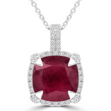 5 4/5 CTW Cushion Red Ruby & Round Diamond Claw Prong Cushion Halo Pendant Necklace in 14K White Gold (MDR220151)