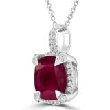5 4/5 CTW Cushion Red Ruby & Round Diamond Claw Prong Cushion Halo Pendant Necklace in 14K White Gold (MDR220151)