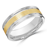 7 MM Satin Finish with High Polish Grooves and Edges Modern Mens Wedding Band in Two-Tone White & Yellow Gold (MDVB0749)