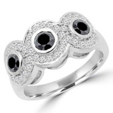 1 1/8 CTW Round Black Diamond Halo Three-Stone Engagement Ring in 14K White Gold (MD170094)