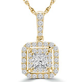 9/10 CTW Princess Diamond Double Halo Pendant Necklace in 14K Yellow Gold (MD170362)