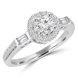 7/8 CTW Round Diamond Halo Engagement Ring in 14K White Gold with Baguette Sides (MD180033)