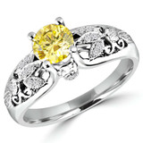 9/10 CTW Round Canary Yellow Diamond Vintage Solitaire with Accents Engagement Ring in 14K White Gold (MD180130)