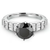 3 1/6 CTW Round Black Diamond Solitaire with Accents Engagement Ring in 14K White Gold with Baguette Accents (MD180140)