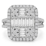 2 CTW Baguette Diamond Vintage Cluster Cushion Halo Cocktail Ring in 18K White Gold (MD190285)