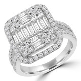 2 CTW Baguette Diamond Vintage Cluster Cushion Halo Cocktail Ring in 18K White Gold (MD190285)
